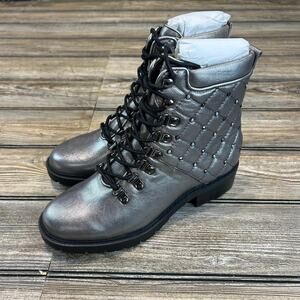 NIB Marc Fisher Lanzia Pewter Metallic Leather Combat Boot 7.5
